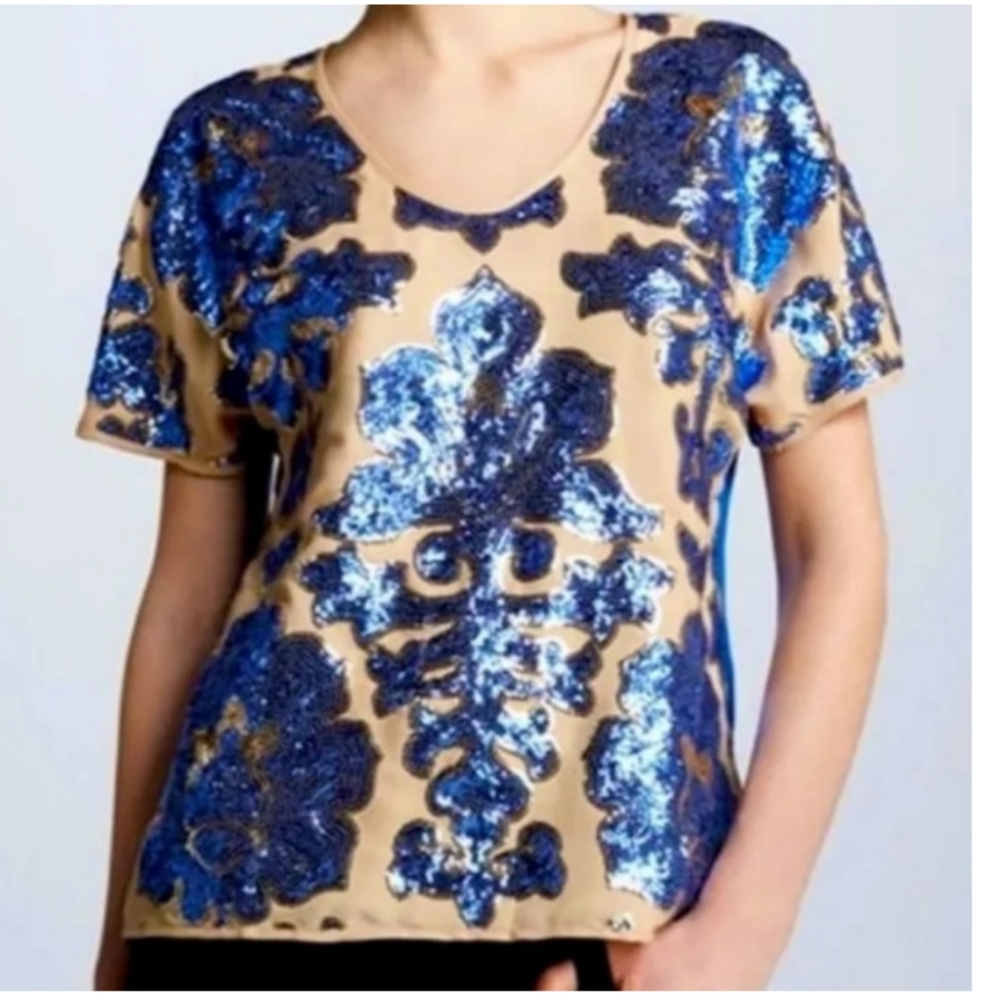 Neiman Marcus Blue and Tan Sequin Blouse